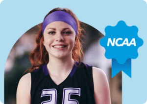 Student smiling at the camera with the NCAA logo as part of the image