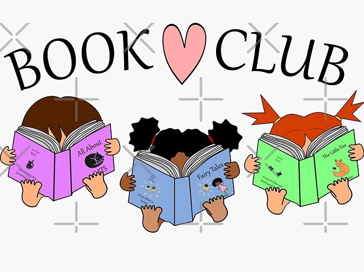 Children reading colorful books beneath the words "Book Club" with a heart symbol. Each child appears engaged and focused, creating a cozy and inviting vibe.