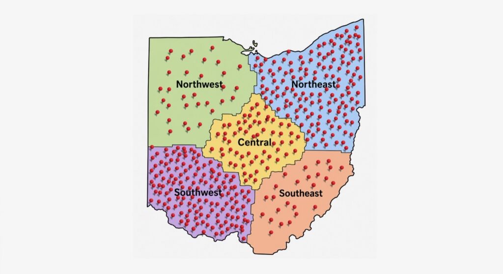 A map of the various acts of kindness that have been done by OHVA students around the state of Ohio.