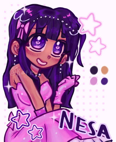 Image of a girl, with long black hair and bangs, big eyes and smiling. Wearing a pink dress. 